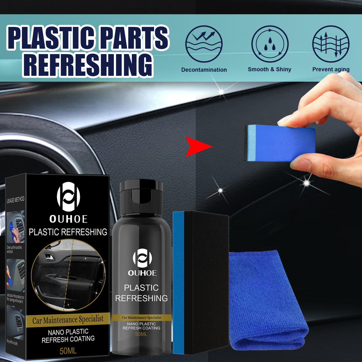 OUHOE Nano Plastic Refresh Coating, Polishing Plastic Whitening Maintenance Repair Interior Dust Cleaner